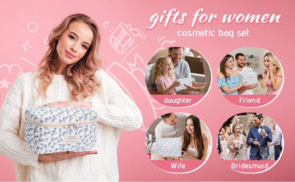 Набір косметичок з квітами для дівчаток, набір культуртреш для жінок, степкова косметичка для макіяжу, бавовняний культуртреш, косметичка Coquette, естетичні речі Clean Girl, косметична сумка (біло-рожева стрічка)
