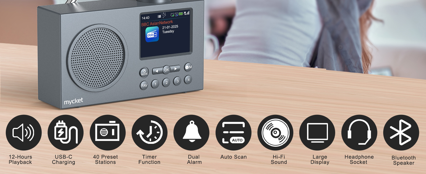 Портативне DAB/DAB+ радіо з цифровим радіо UKW, FM, Bluetooth 5.0, подвійний будильник, 40 попередніх станцій, 2.4' кольоровий дисплей (колір хакі)
