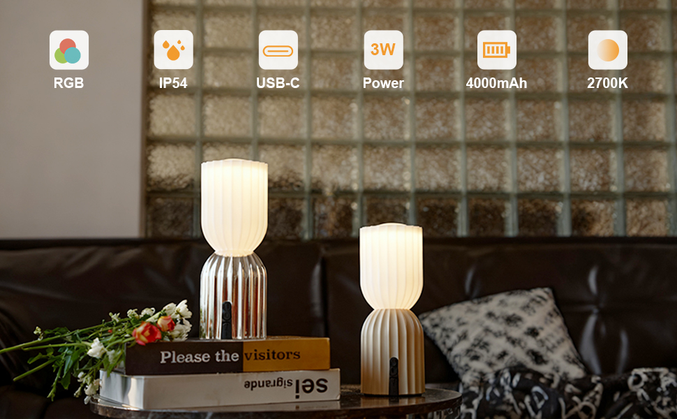 Світлодіодна настільна лампа бездротова акумуляторна, RGB з USB-C, димується, IP54, бежева для вітальні, балкона, саду