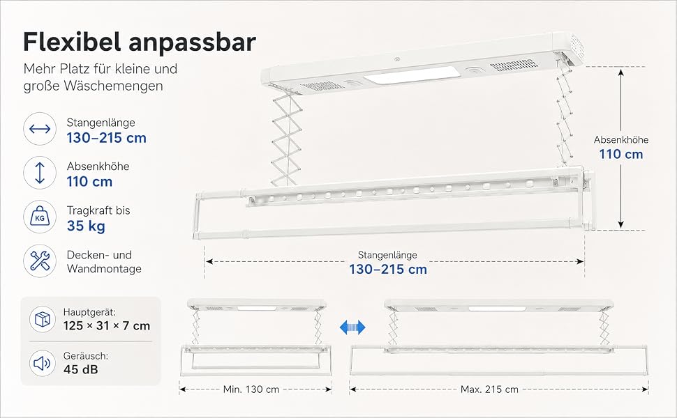 Електрична сушарка для білизни стельова з дистанційним керуванням та LED-підсвіткою, регульована за висотою та довжиною, чорна