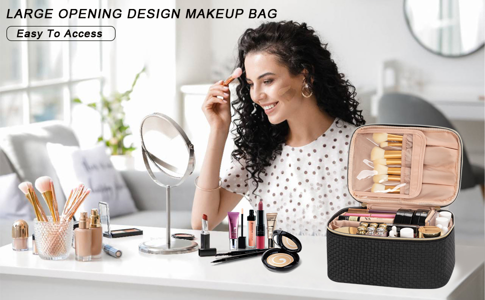Жіноча косметичка для подорожей, водонепроникна, з відділенням для пензликів, з PU шкіри, велика, органайзер, косметичка для макіяжу (Хвилястий зелений, Елегантний чорний)