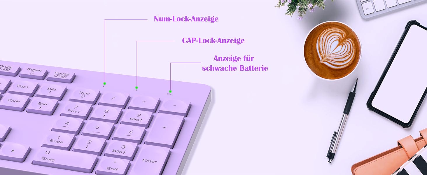 Бездротовий комплект клавіатури та миші Leadsail K786 з цифровою клавіатурою QWERTZ (Німецька) - тиха клавіатура, 2.4 GHz, USB Nano приймач для ПК/ноутбука (фіолетовий)