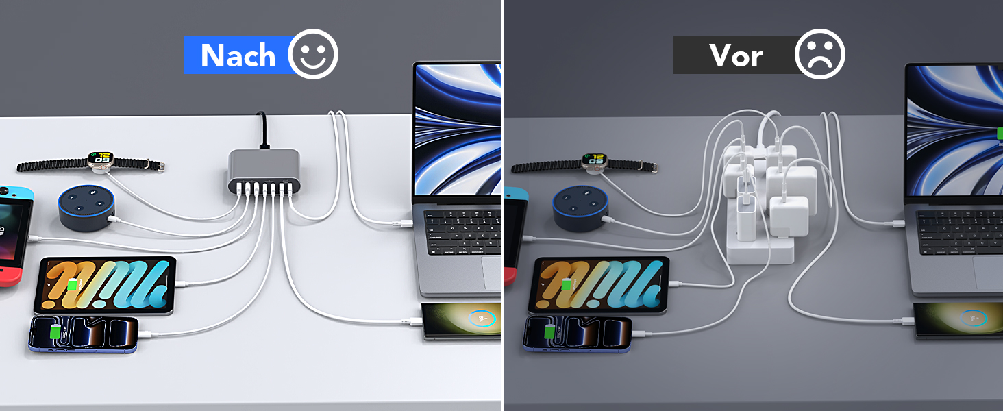 Зарядний пристрій USB-C 185W, мережевий адаптер 7 портів PD3.0 + QC3.0 для MacBook Pro/Air, iPhone 17/16/15 Pro Max, Samsung Galaxy S23/Note20 (Сірий)