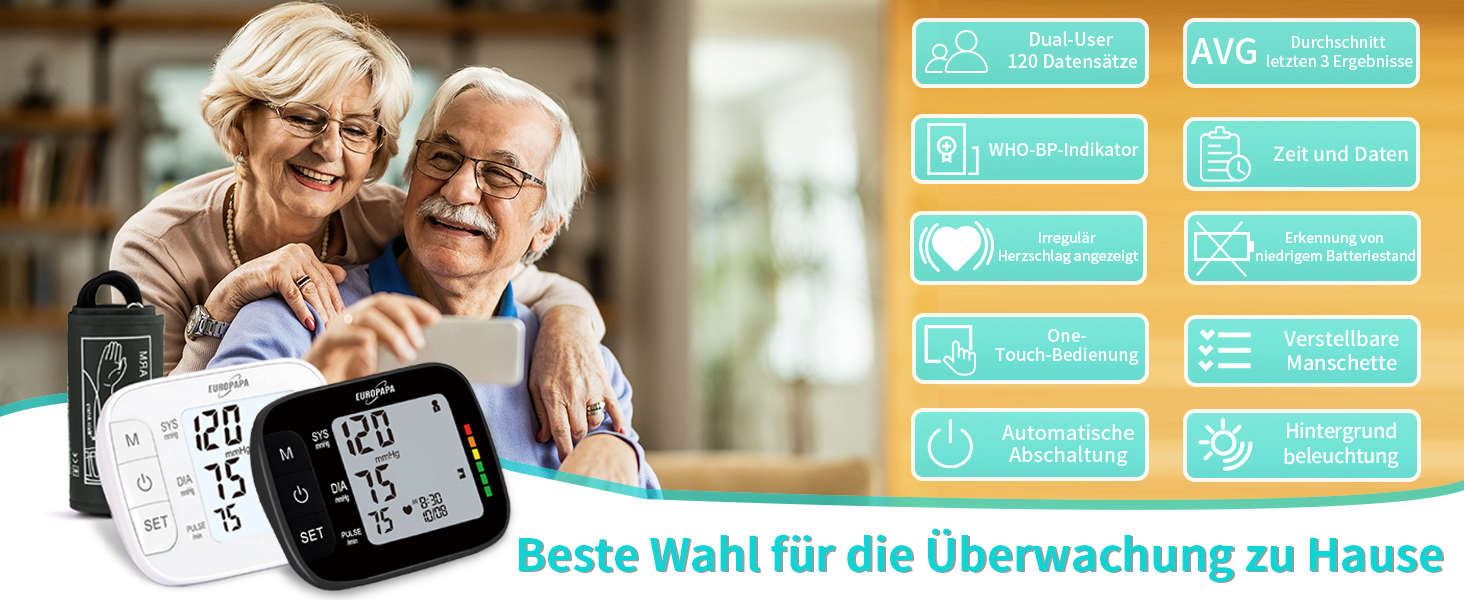 Тонометр EUROPAPA на плече для дому, вимірювання пульсу та артеріального тиску, велика манжета (22-42 см), 2 * 60 пам'ять, для 2 користувачів (чорний)