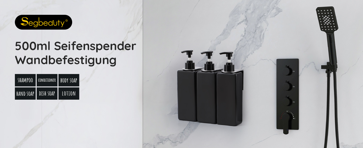 Диспенсер для рідкого мила Segbeauty Quadratisch 500 мл (4 шт.) + Тримач, Чорний - Набір для кухні та ванної (Шампунь, Гель для душу, Мило)