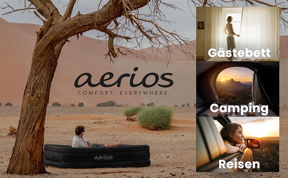 Надувне ліжко Aerios для 2 осіб з самонадувною системою | Преміум гостьове ліжко без кабелю живлення з інтегрованим USB-C насосом | Надувне ліжко, вибір розміру (Чорний, двоспальне)