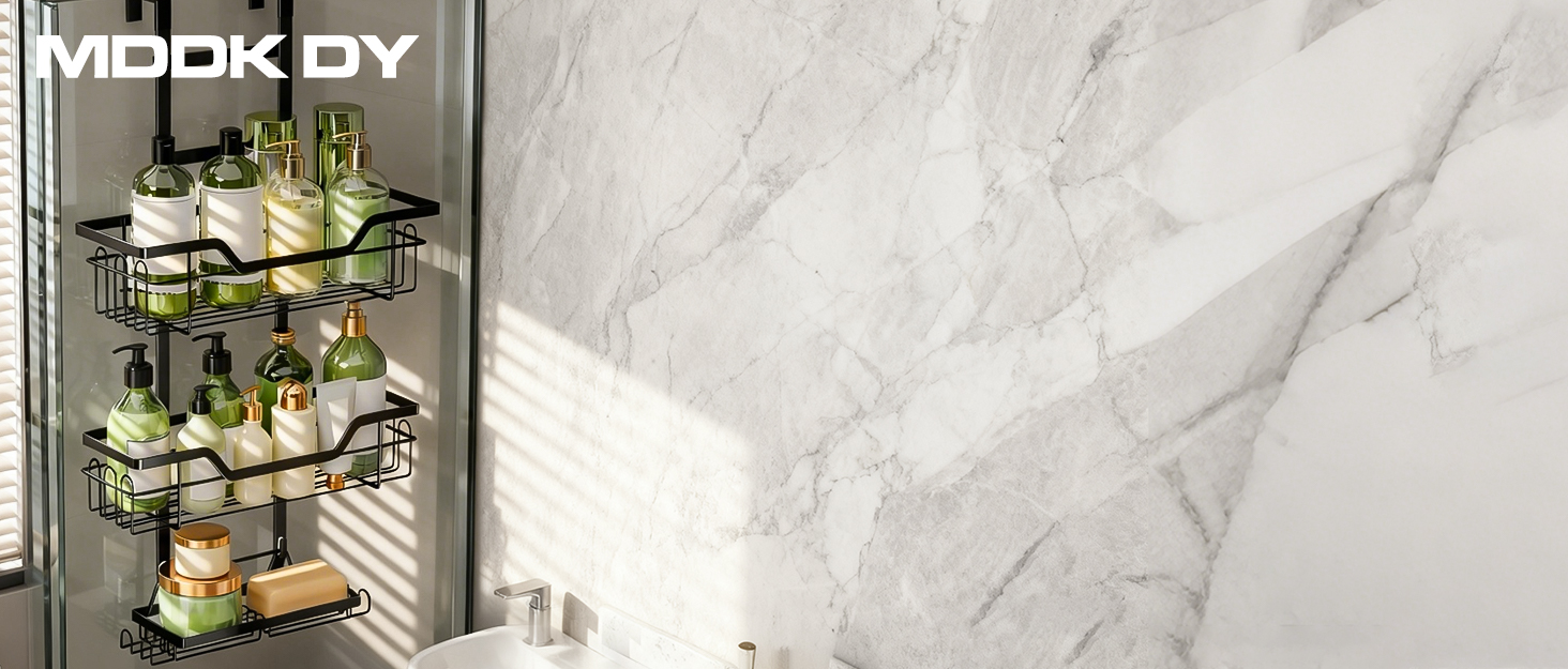 Поличка для душу без свердління, чорна, настінна, для скляних дверей, з 3 кошиками для шампуню та гелю для душу, стильна модель A