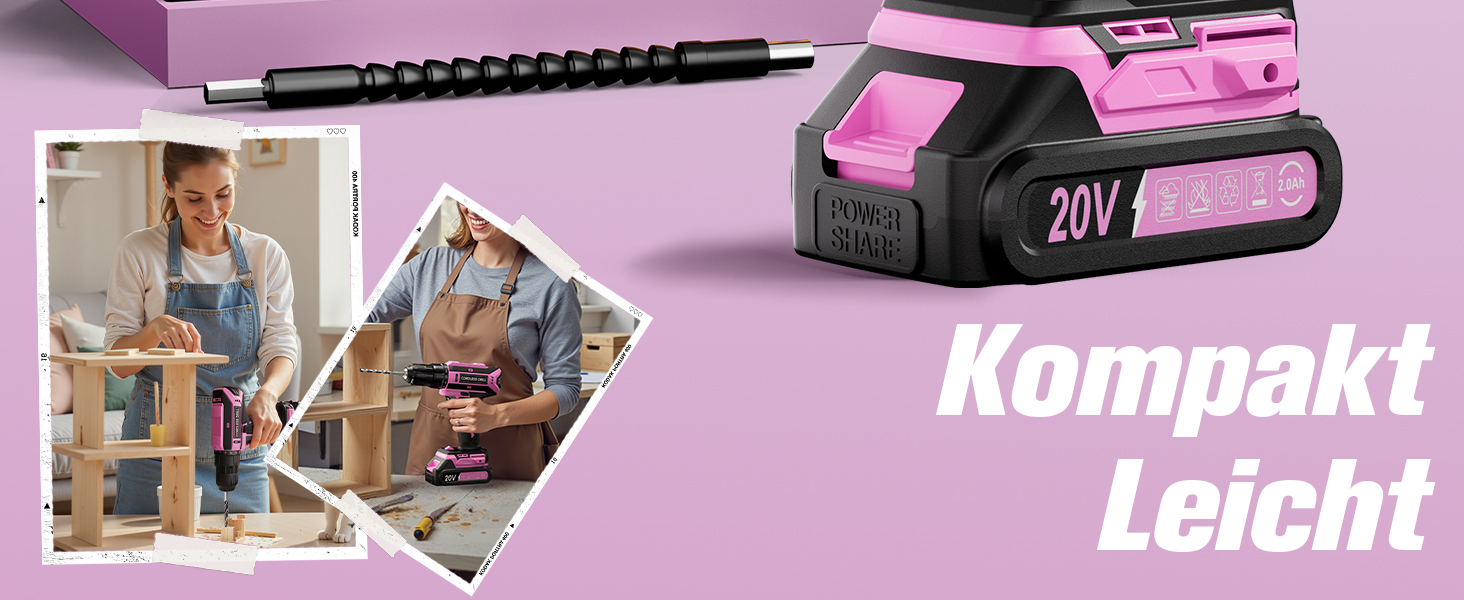 Акумуляторний шурупокрут-дрель 20V, 56 шт. у наборі, 42Nm, LED-підсвітка, рожевий, для дому та майстерні