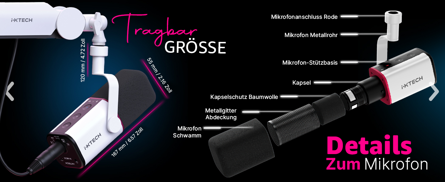 IXTECH Мікрофон з нирковою характеристикою RGB, USB/XLR, для студії, подкастів, стрімінгу, геймінгу та запису голосу, білий