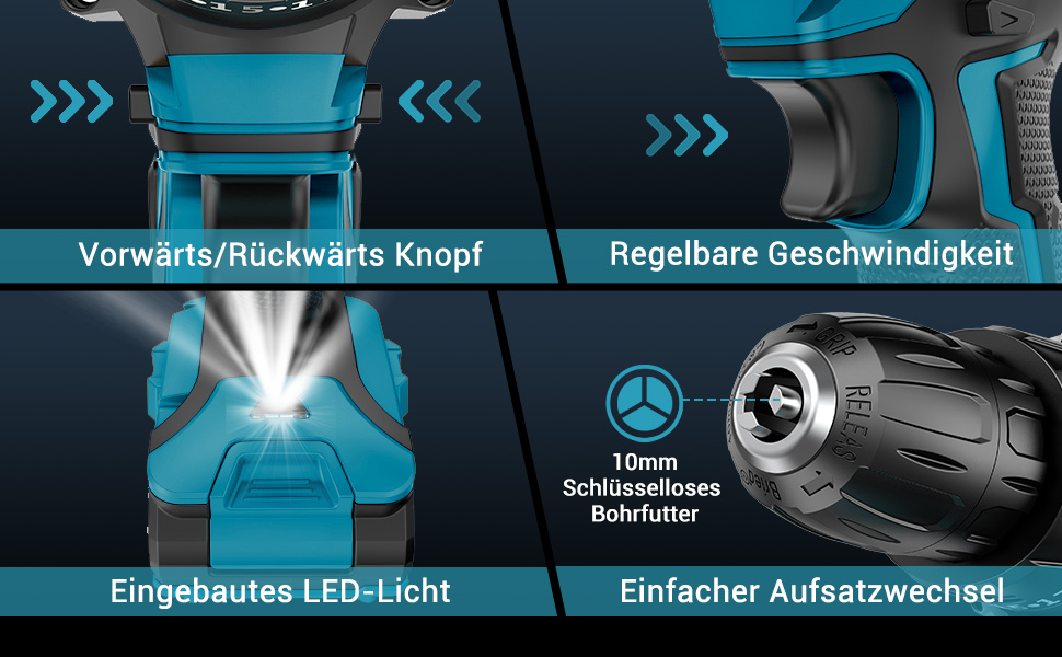 Акумуляторний шуруповерт MHPRO 21V з 2 акумуляторами 2.0Ah, 42Nm, 2 швидкості, 25+3 ступені крутного моменту, патрон 10 мм, LED-ліхтар, 14-ти елементний набір аксесуарів для дому, саду та DIY проектів (Блакитний 21V-1Akku)