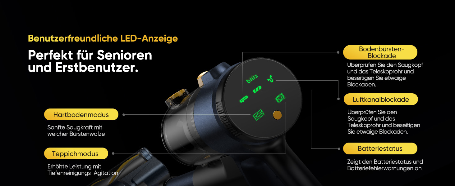 Бездротовий пилосос Vexilar V12: 50 хв роботи, 50 кПа, 450 Вт, легкий, з антизаплутувальною щіткою, GreenEye, LED-дисплей, для твердих поверхонь та килимів, видаляє шерсть тварин