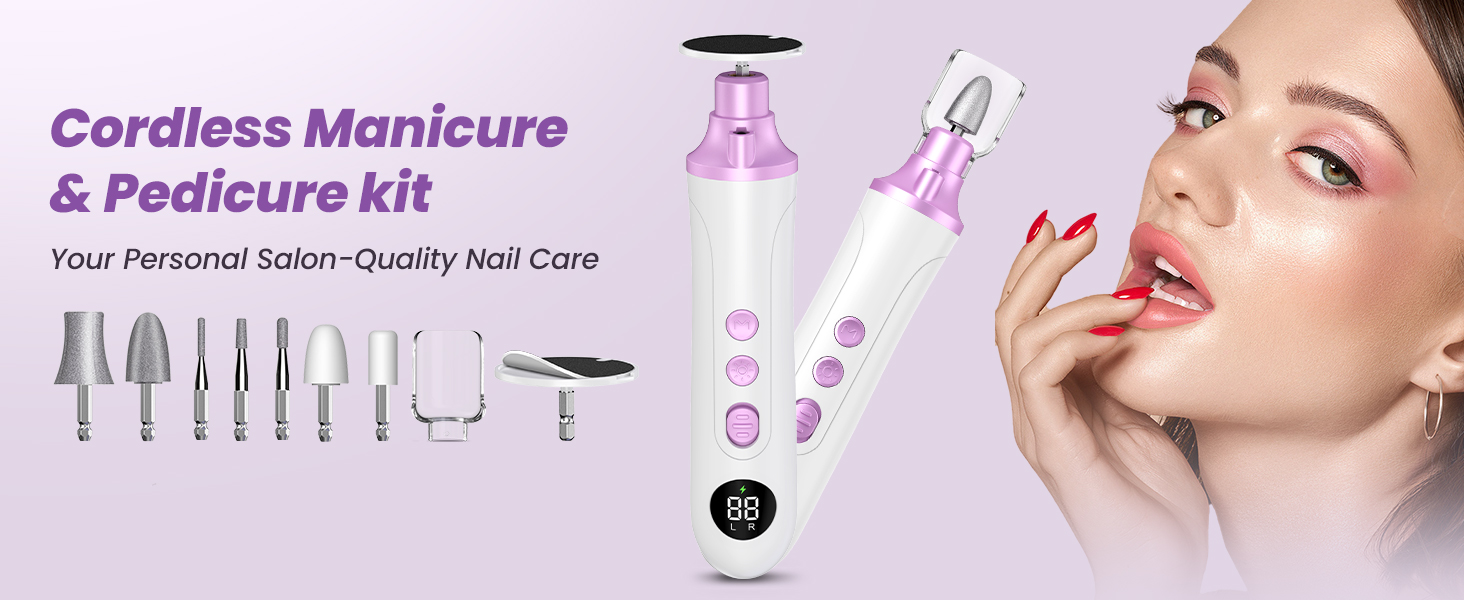 Електричний набір для манікюру та педикюру з 9 насадками та 15 швидкостями, LED-підсвічуванням, W-Lila