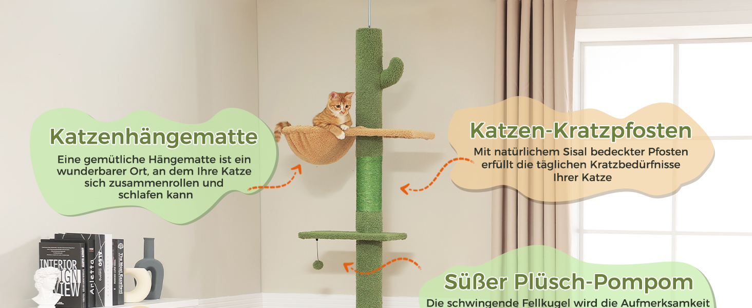 Котячий комплекс PAWZ Road з драбиною до стелі, регульований, 216-273 см, з гамаком та будиночком, страховий ремінь, бежевий