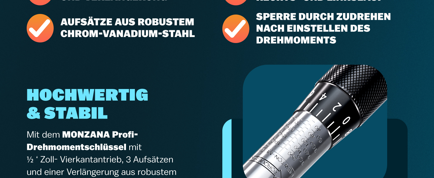 Набір динамометричних ключів Monzana 6 шт. 40-210 Нм 1/2'' CrV з тріскачкою, насадки 17/19/21 мм, подовжувач, кейс, для авто і мотоцикла, сертифікат TÜV Süd GS