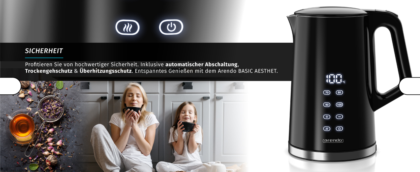 Електричний чайник Arendo з регулюванням температури, нержавіюча сталь, подвійні стінки Cool Touch, дисплей, бездротовий, 2200 Вт, 1,7 л, захист від перегріву, функція підтримки тепла, чорний