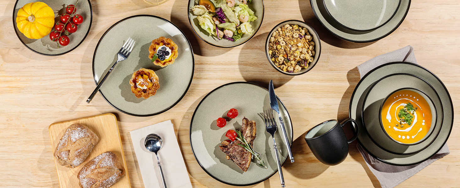 Набір посуду з каменю GBhome на 6 осіб (18 предметів), ручна робота, реактивна глазур, мікрохвильова та посудомийна машини, набір тарілок та мисок Desret Salbei