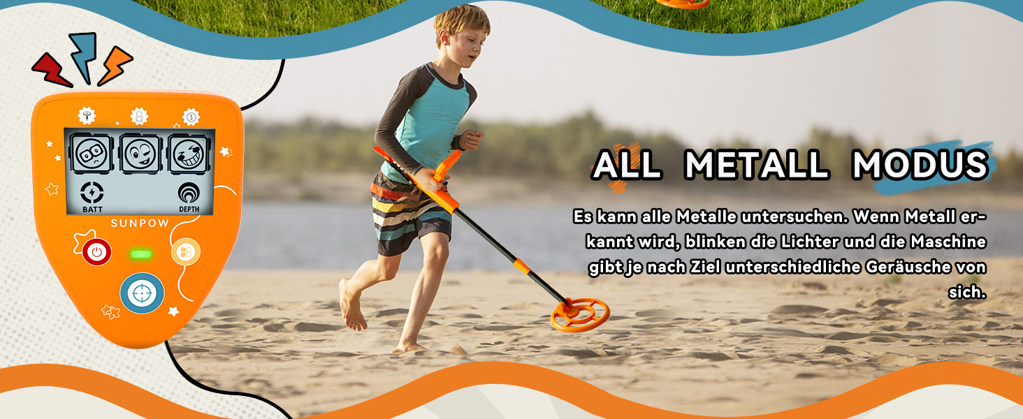 Металодетектор SUNPOW для дітей - LCD-дисплей з мультфільмами, водонепроникна котушка IP68, унісекс дизайн, 3 режими (All Metal/Disc/Pinpoint), регульована ручка 81-102 см для дітей 5-12 років, помаранчевий