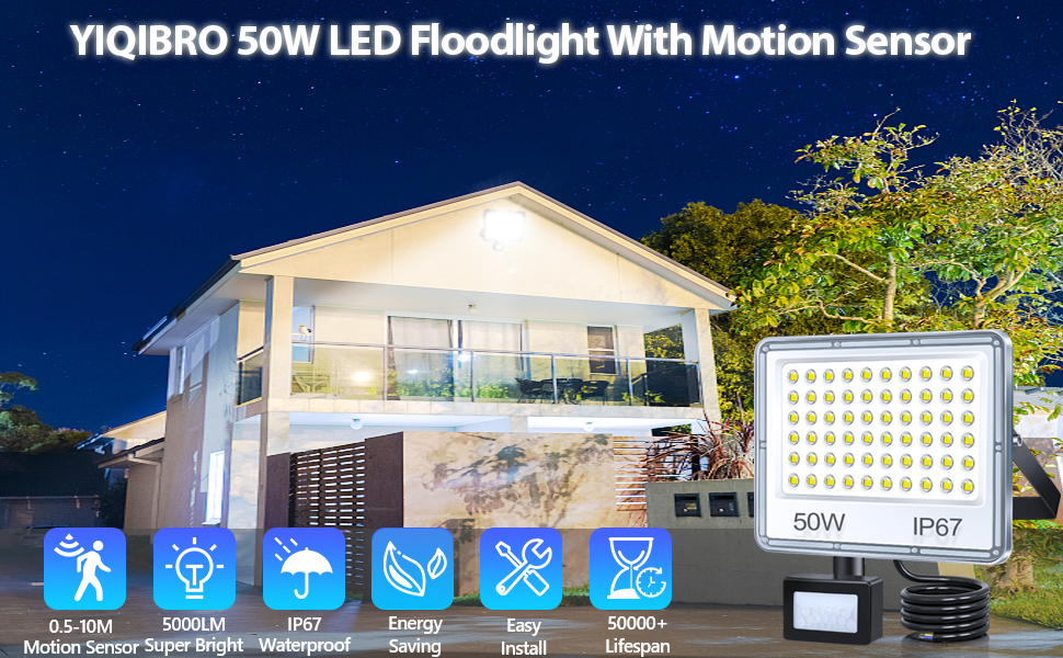 LED прожектор з датчиком руху для вулиці 100 Вт, 2 шт, 10000 лм, холодне біле світло 6500K, IP67 водонепроникний, для складу, саду, гаража