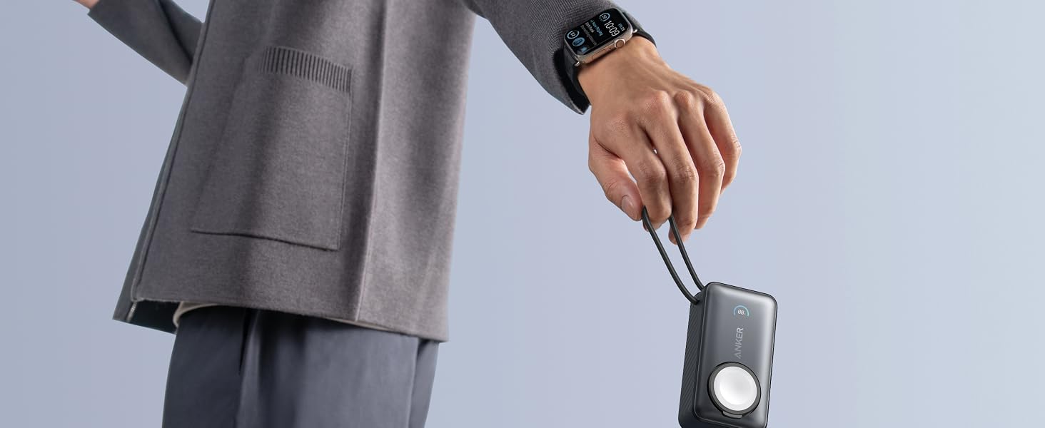 Повербанк Anker MagGo 10000mAh для Apple Watch та iPhone 17/16/15, Samsung, iPad, AirPods, 35W Max, вбудований кабель USB-C, сертифікований, чорний