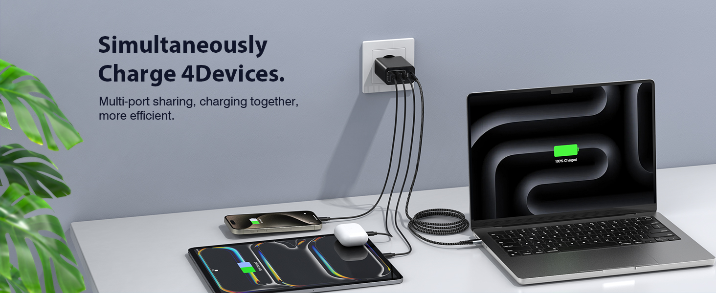 Зарядний пристрій USB-C 65W з 3 портами, кабель 2м, для MacBook, iPhone, Switch, Galaxy, Tablet, Laptop (Чорний)