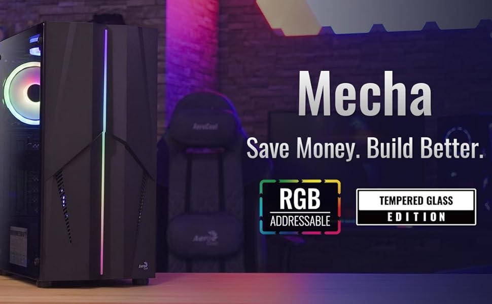 Корпус для ПК Aerocool Mecha ARGB Mid Tower з темперованим склом, 12 см ARGB вентилятор, 2 x USB 3.0, підтримка ATX/Micro-ATX/Mini-ATX, чорний