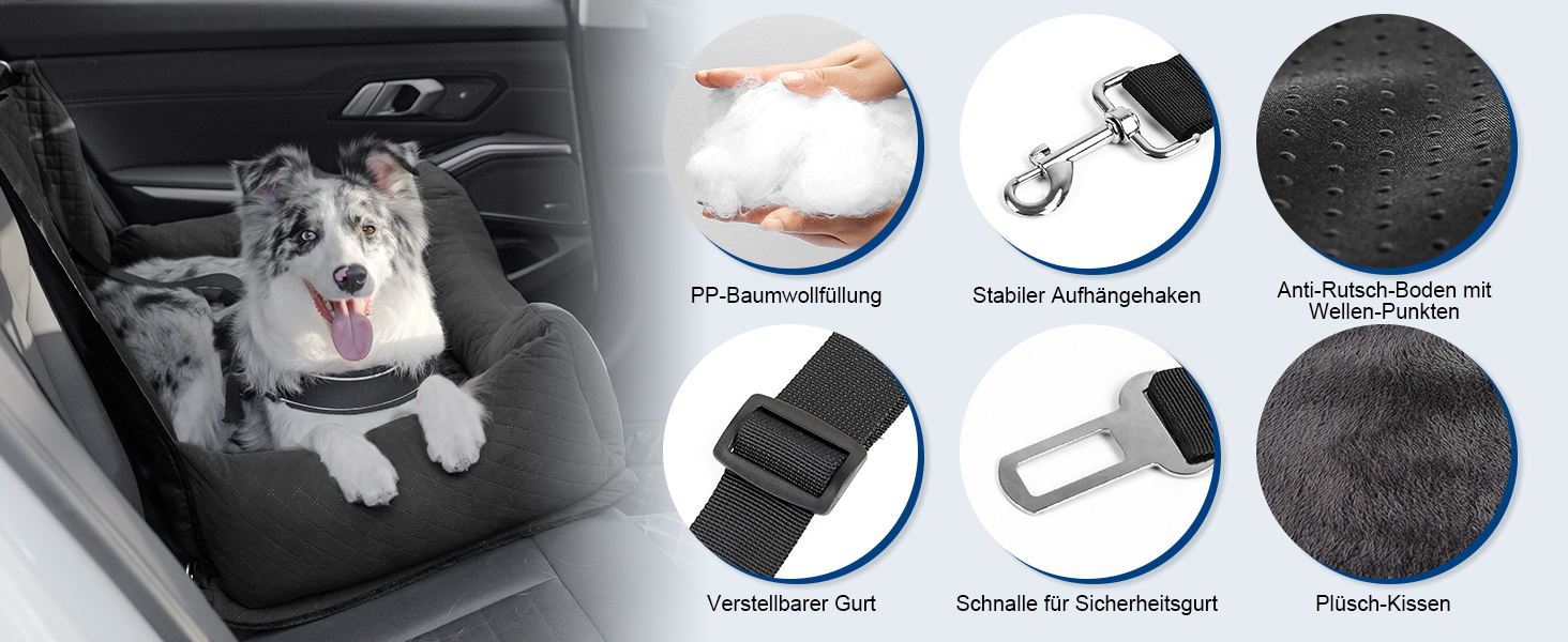 Honey Paws Dog Car Seat for Medium & Large Dogs - Universal Backseat Cover for Small/Medium Dogs up to 25kg - Non-Slip, Washable, Deep Black