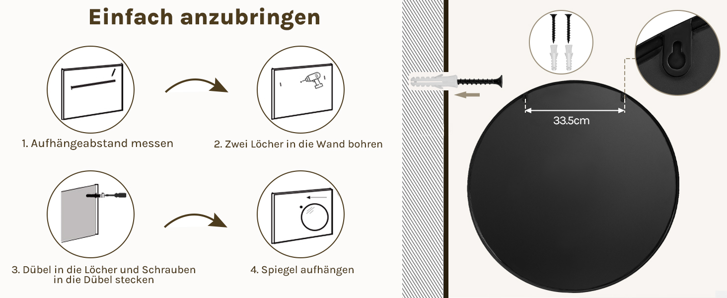 Круглий настінний дзеркало WOLTU 40 см: сучасний декор для ванної, спальні, вітальні, коридору. Дзеркало з рамою, скло, метал, MDF, з гачком. 81x81 см, чорний колір