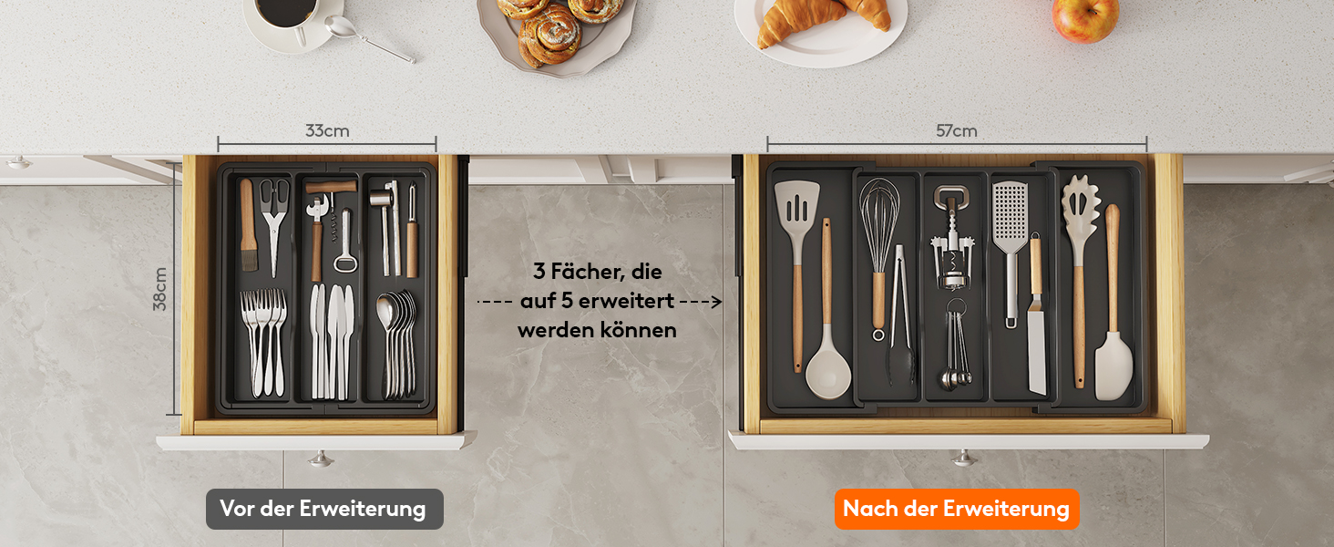 Органайзер для столових приборів Lifewit в шухляду, розширюваний 38-57 см, чорний, пластик, 28-44.5 x 35 x 4 см