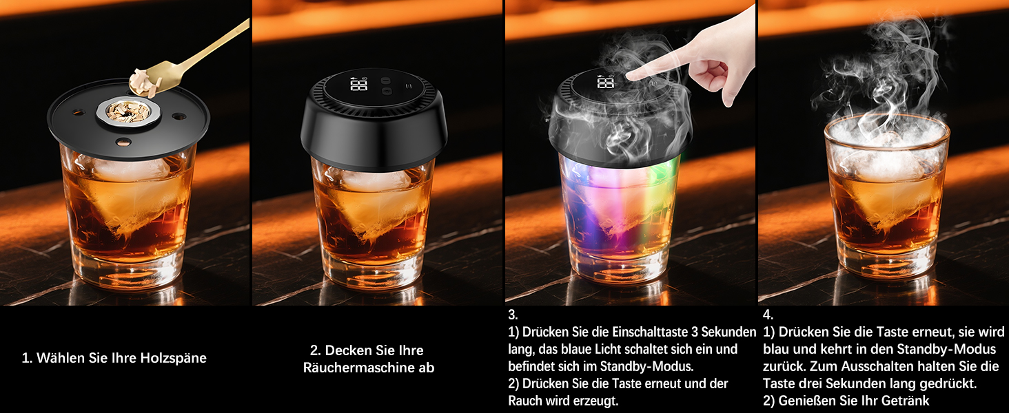 Електричний набір для копчення віскі, коктейльний дим-сет з LED-підсвічуванням, ретро-набір для копчення з 6 дерев'яними чіпсами, USB-C перезарядна аксесуар для віскі та бурбону