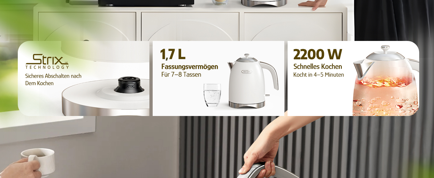 Електричний чайник Hazel Quinn Schneller 2200 Вт, 1.7л, нержавіюча сталь 304, перловий білий, з функцією швидкого кип'ятіння, автоматичним вимкненням та захистом від сухого кип'ятіння, вінтажний дизайн, BPA-free