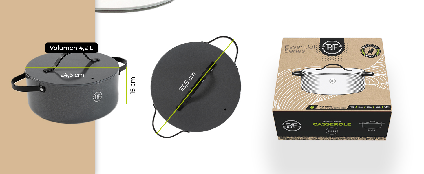 Каструля Be Living Essential з кришкою, 24 см, 4 л, антипригарне покриття Keramik Antihaft, для індукційних плит, без PTFE та PFOA, чорна