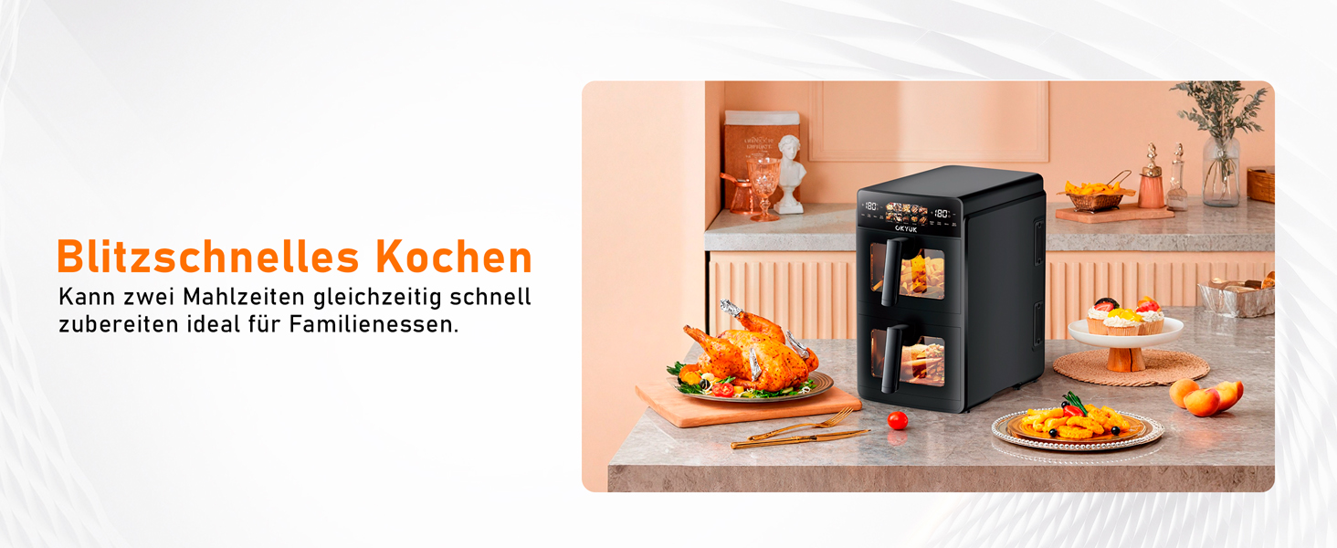 Фритюрниця без олії з 2 камерами на 10 літрів, Airfryer з 2 відсіками по 5л, тиха робота, 10 програм, приготування 2 страв одночасно, з оглядовим вікном, 3D циркуляція повітря