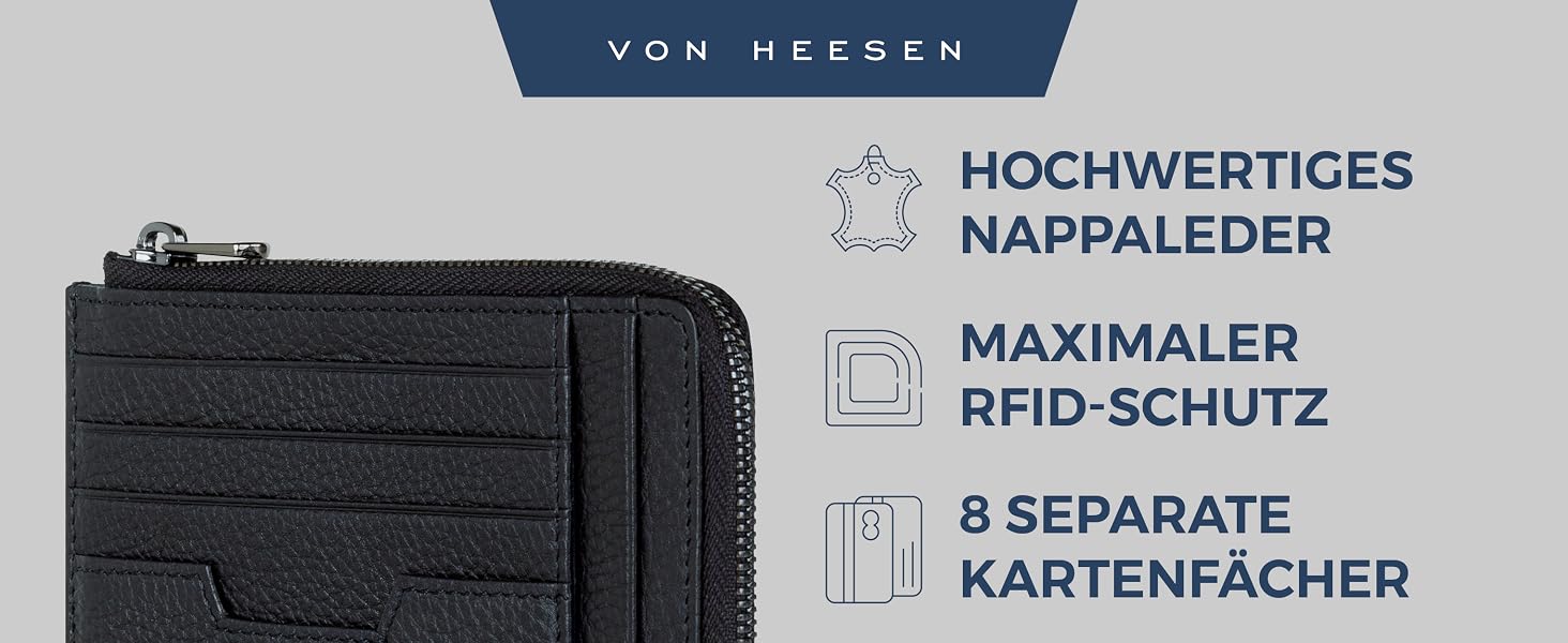 Шкіряний RFID картхолдер VON HEESEN з наппа-шкіри, портмоне для кредитних карток на 9 відділень, унісекс (Коньячний коричневий)