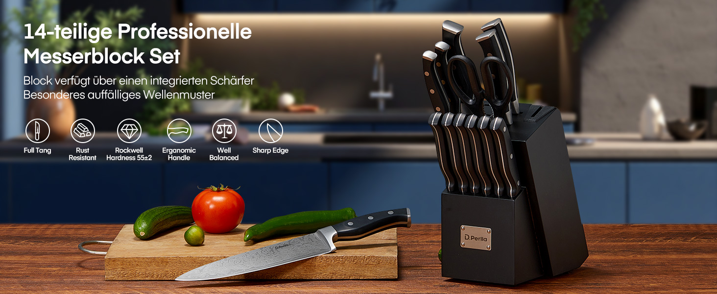 D.Perlla Self-Sharpening Knife Block Set - 14 Piece Stainless Steel Knife Set with Plastic Handle & Wood Block - Professional Kitchen Knife Set