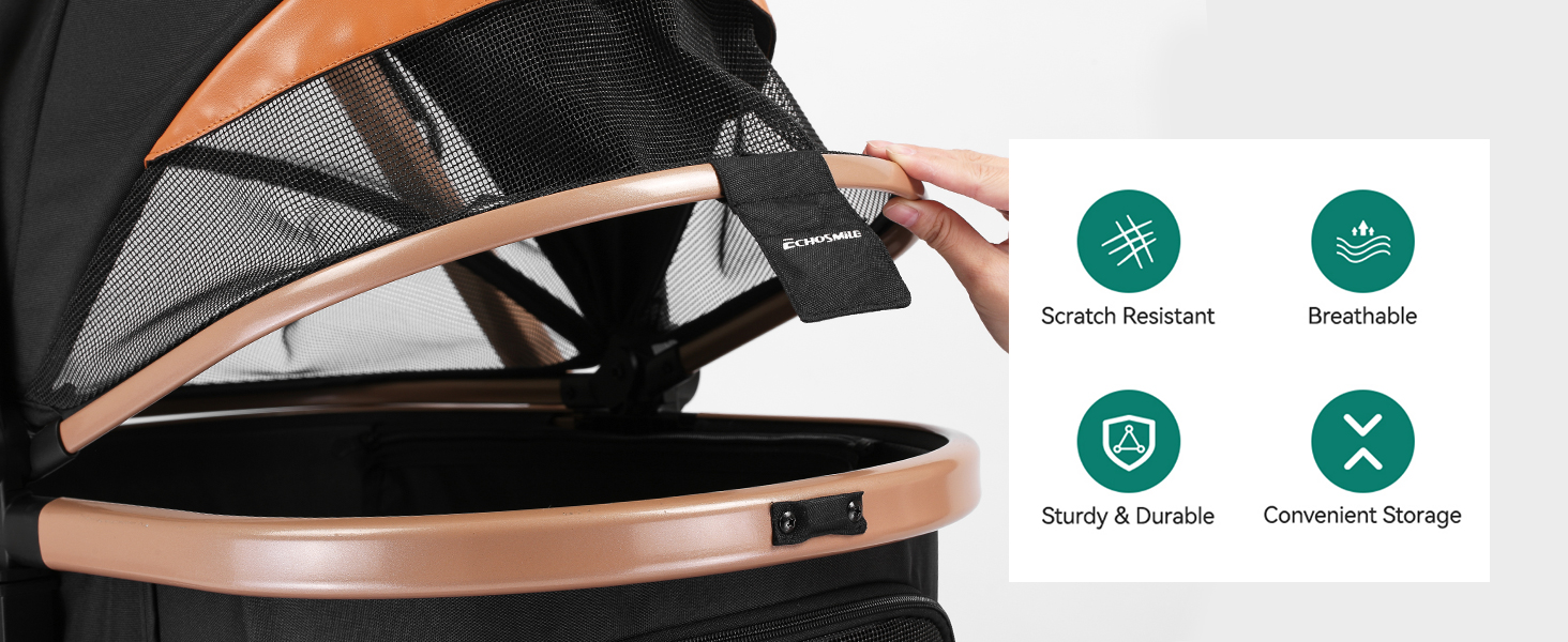 Візок для собак EchoSmile до 20 кг, 4-в-1, чорний. Складаний, з колесами, сітковими віконцями. Підходить для собак та котів середніх розмірів