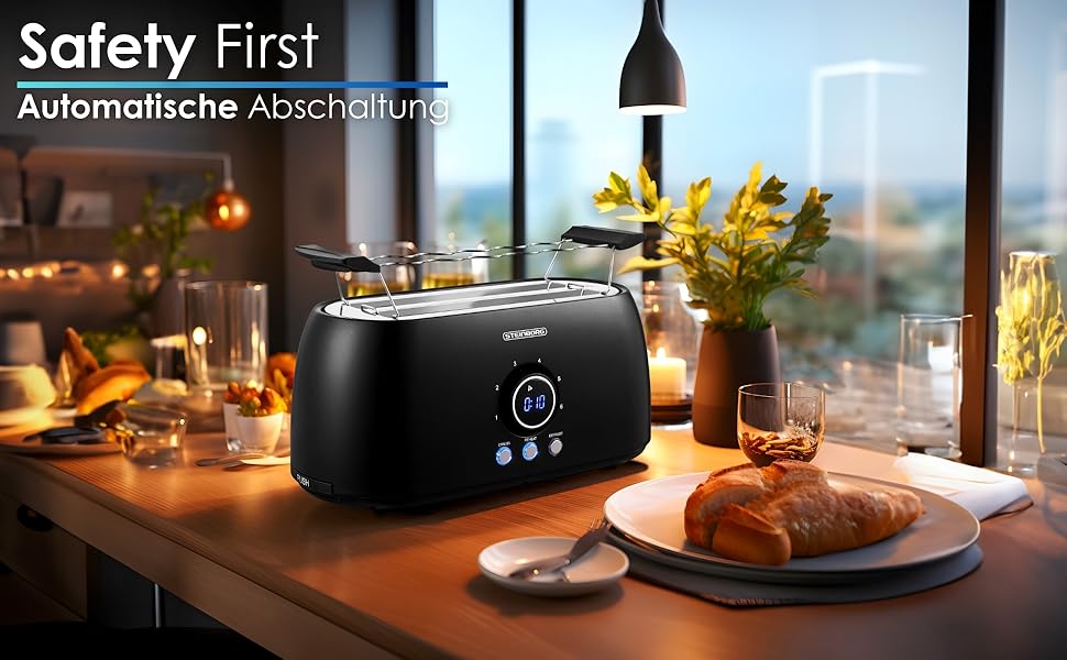 Тостер XXL з 4-ма відділеннями та підставою для бургерів | Чорний колір | Цифровий дисплей | Автоматичне вимкнення