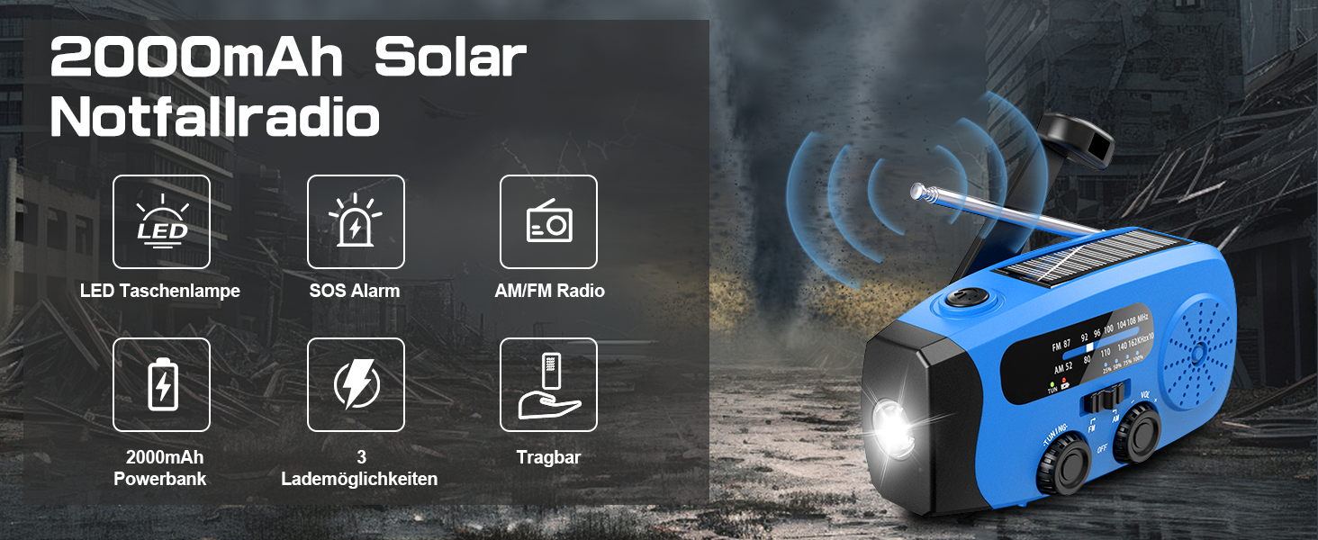 Радіо-кринка Notfall Weltempfänger 4000 mAh (14800 mWh) з 3 кабелями, AM/FM/WB, SOS-сигнал, ліхтарик, блакитне аварійне радіо