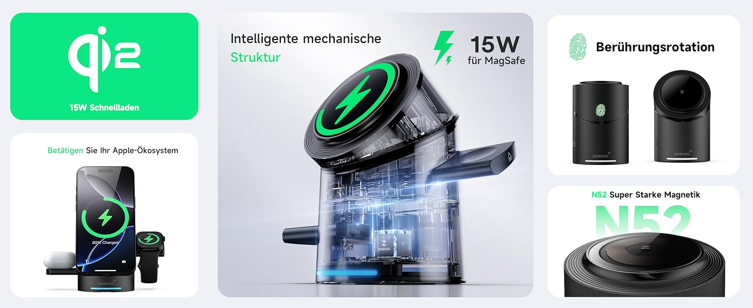 Зарядний пристрій 3-в-1 ZEEHOO MagSafe для Apple: QI2 бездротова зарядка 15W для Apple Watch, iPhone, AirPods (з адаптером 30W) - Чорний