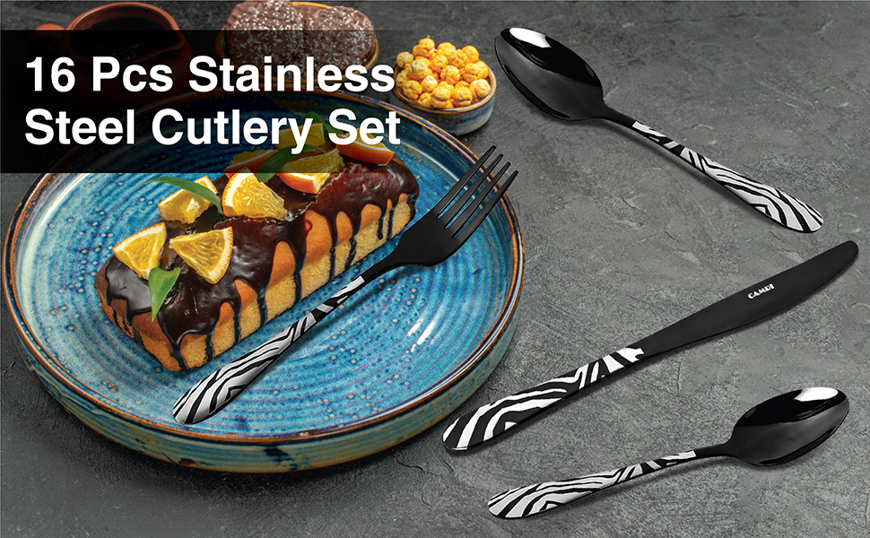 Набір столових приборів CAMRI – 16 предметів, нержавіюча сталь, набір для 4 осіб, легко миється (креузо-чорний візерунок)