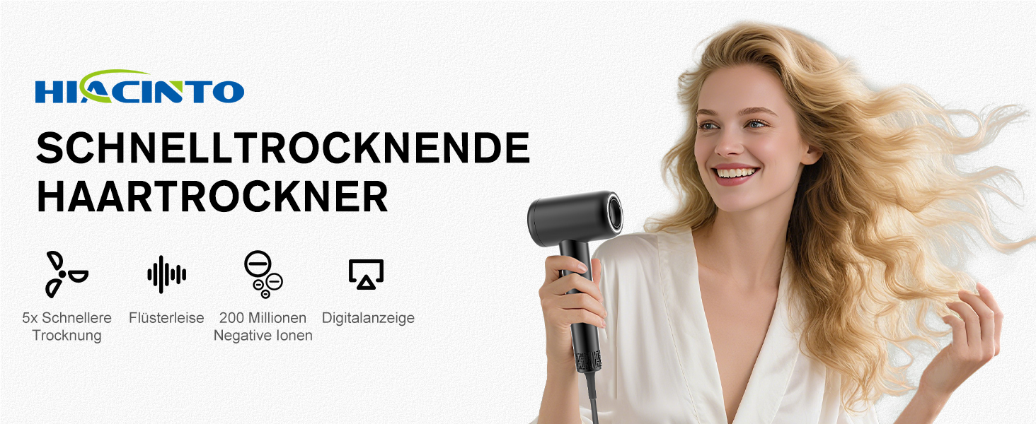 Професійний фен Hiacinto з іонізацією та технологією Plasma, 180 000 обертів/хв, тихий (59dB), 3 режими температури/повітря, з насадкою та дифузором, компактний для подорожей