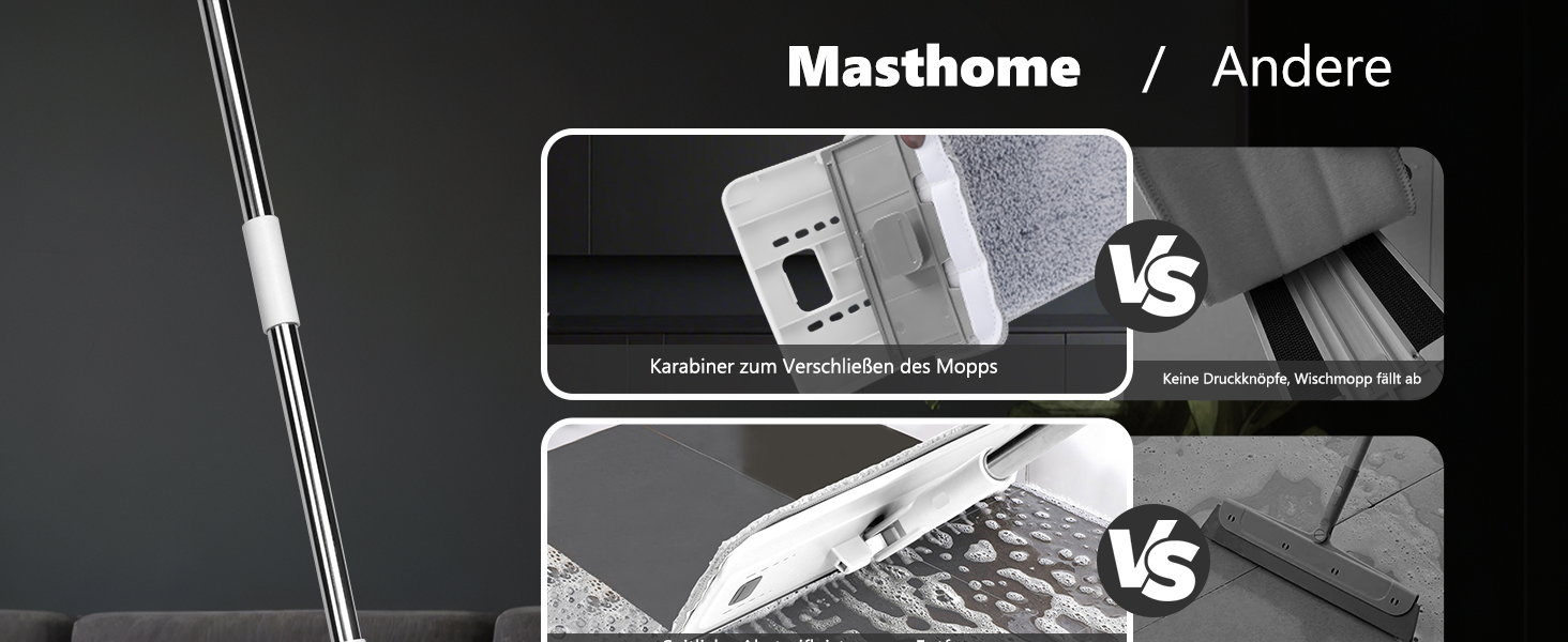 Набір для миття підлоги з відром, Masthome - компактний моп та відро з віджиманням, 3 мікрофібрових насадок та нержавіюча ручка, 2 в 1, для дерев'яних, плиточних та мармурових підлог (білий)