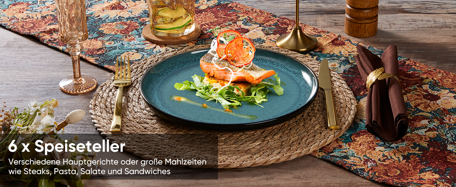 Набір посуду HaWare для 6 осіб, 18 предметів: тарілки, десертні тарілки, миски, стельова глазур, посуд для сервірування столу, блакитний колір, безпечний для мікрохвильовки та посудомийної машини