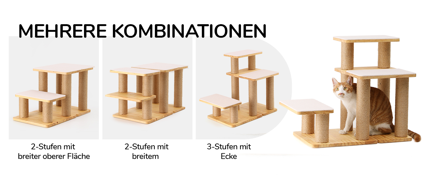 Сходинки для собак FUKUMARU: 3 сходинки з натурального дерева та джуту, регульована висота 18-51 см, витримують до 90 кг, знімний м'який підвішун