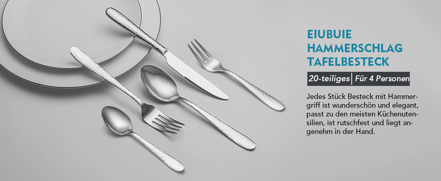 Набір столових приборів EIUBUIE з нержавіючої сталі 20 предметів, молоткова обробка, для 6 осіб, полірований, для дому та вечірок, можна мити в посудомийній машині