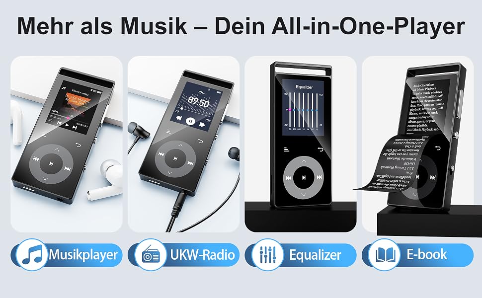 MP3-плеєр з Bluetooth 5.3 та HiFi-звуком, 90 ГБ, сенсорні кнопки, кольоровий дисплей, металевий корпус, FM-радіо, підтримка e-books, розширювальна пам'ять до 128 ГБ, чорний