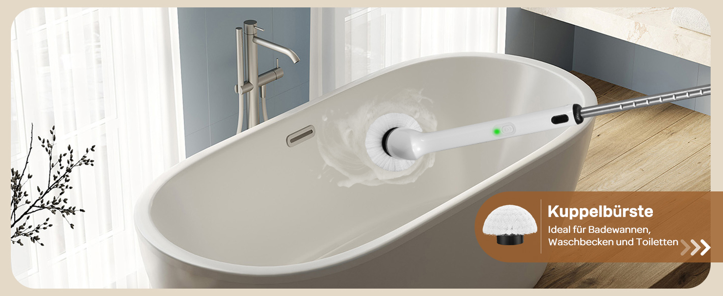 Електрична щітка для прибирання LyriFine, водонепроникна IPX7, з довгим руків'ям, 2 швидкості, з набором змінних насадок, для ванної кімнати, білий