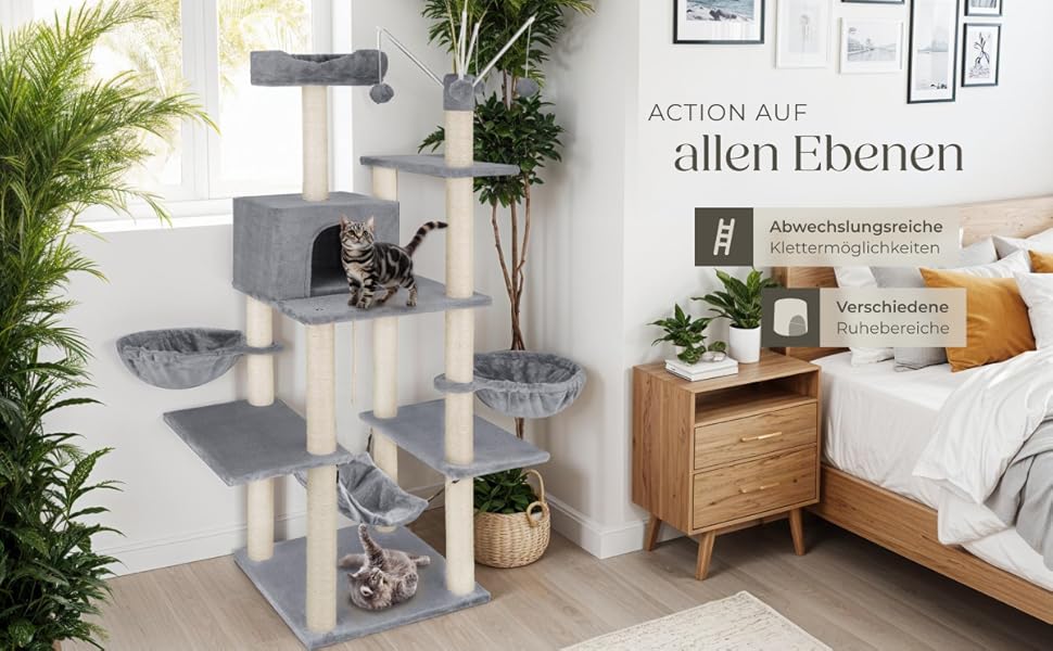 Тектейк® XXL Дерево для котів велике, з аксесуарами: лежанки, гамак, будиночок, іграшки, мотузка з сизалю, стійка для дряпання, висота 165 см, сірий | 402931