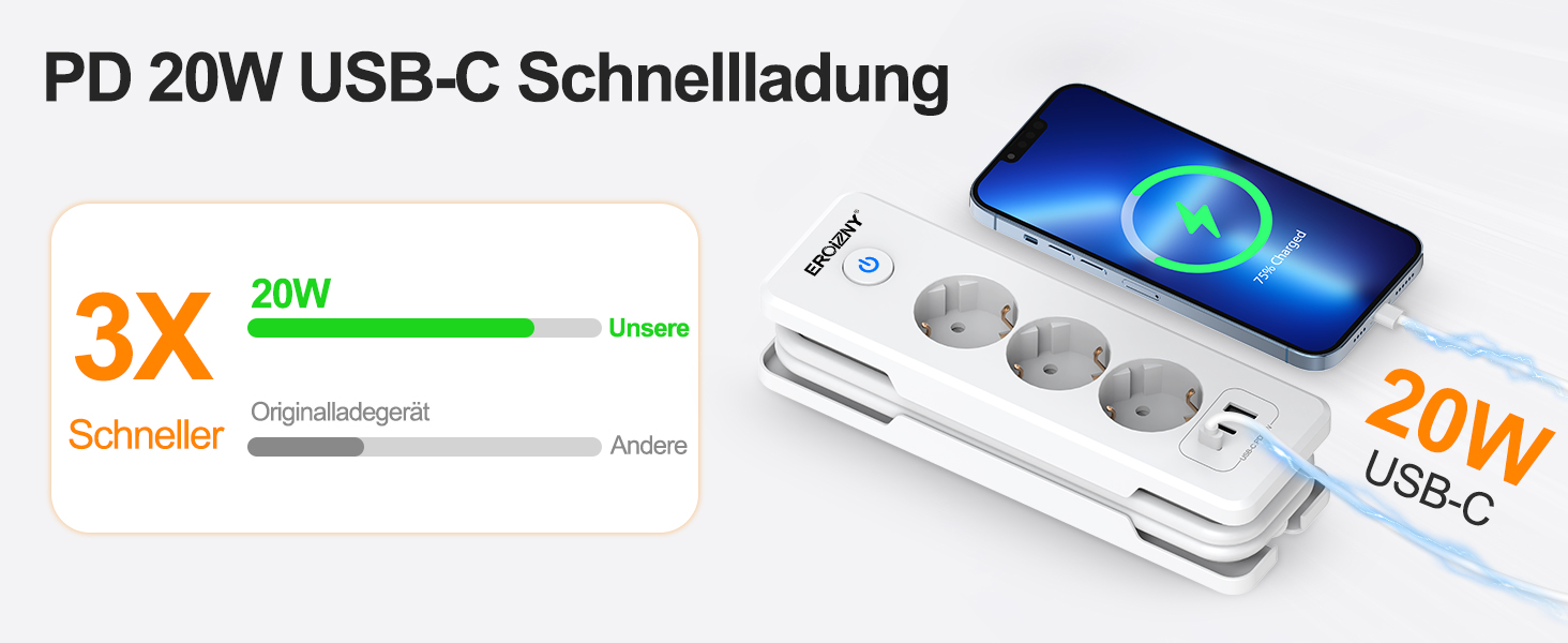 Мережевий адаптер з 2 USB-C (PD 20W) та 1 USB-A, 3 розетки з вимикачем, захист від перенапруги, компактний, для подорожей, 1,5м кабель. Мережева планка з 3 USB-портами