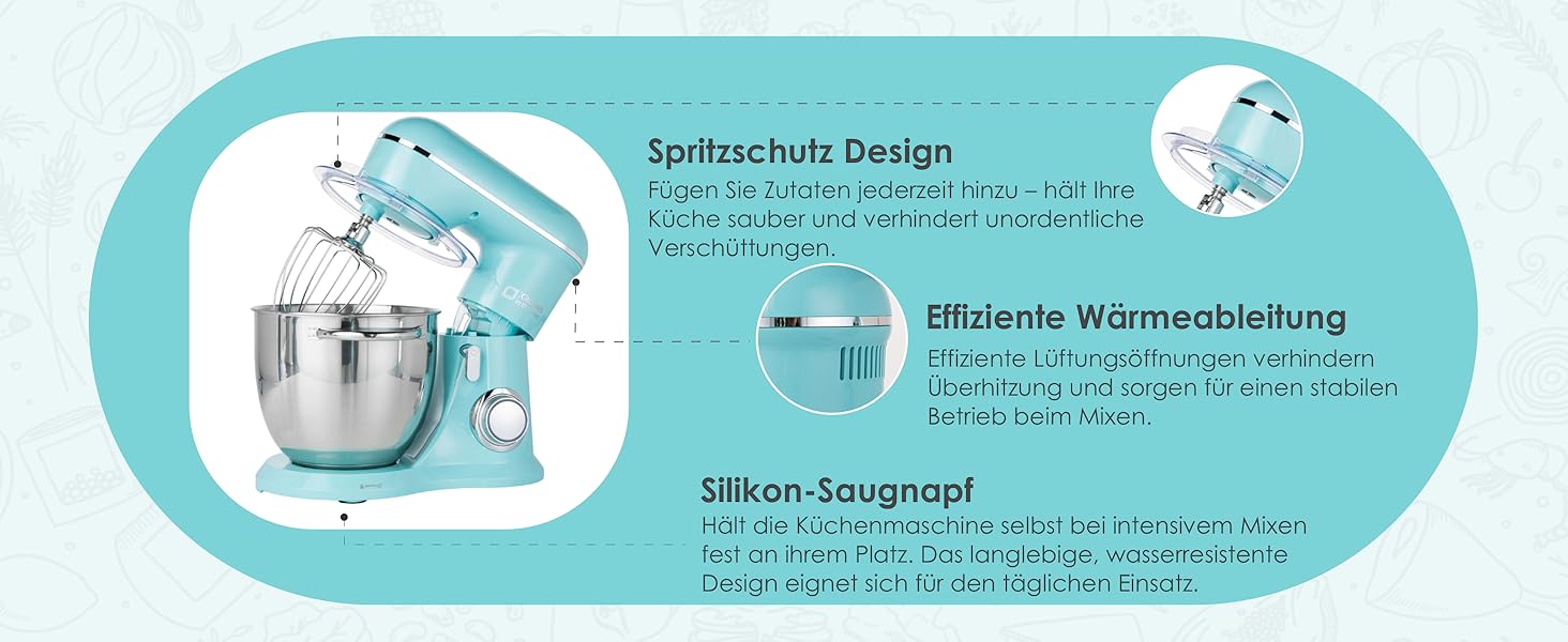 Кухонна машина Küchenmaster 6L, 1300W, з набором насадок (міксер, гак для тіста, вінчик), темно-зелений/синій
