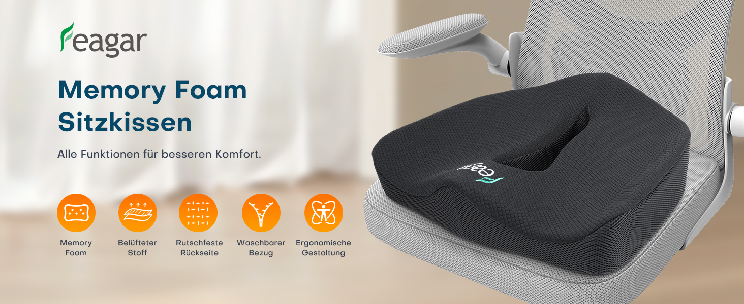 Ортопедична подушка для сидіння Feagar з Memory Foam, ергономічна подушка для офісного крісла, інвалідного візка, автокрісла, для хребта, чорна (чорний, XL (90-150 кг))